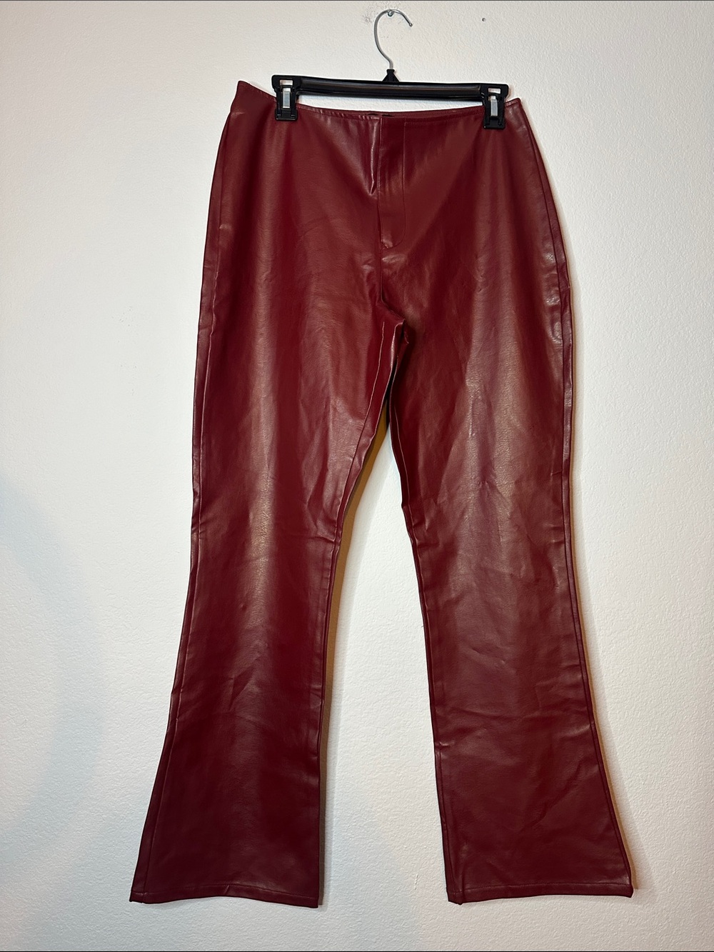Women’s Faux Leather Flared Jeans - Wine Red